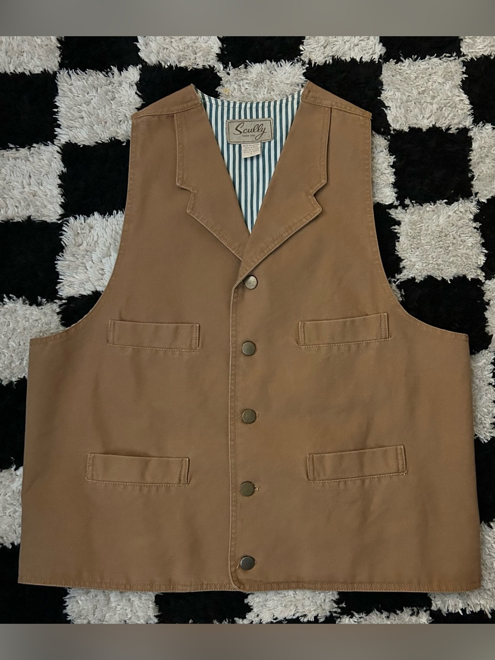 Scully Rangewear Tan Canvas Western Vest RW041 L Notched Lapel Striped Lining